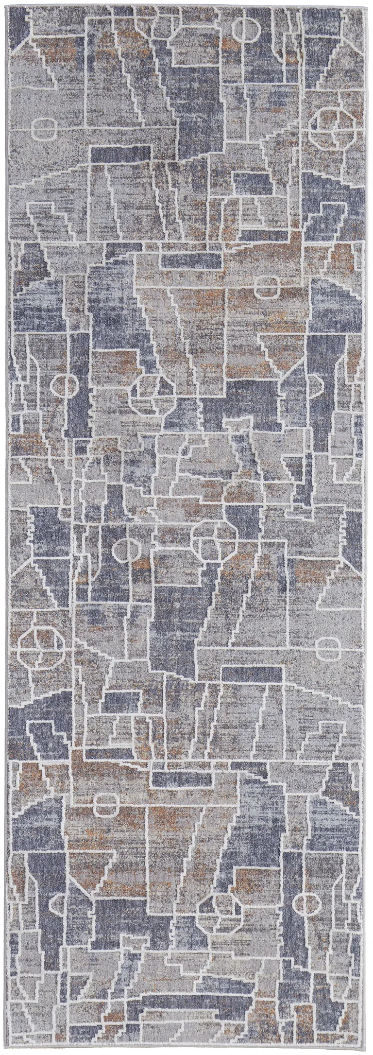 8' Blue Gray And Orange Geometric Power Loom Stain Resistant Runner Rug Photo 1