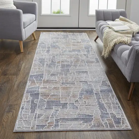 8' Blue Gray And Orange Geometric Power Loom Stain Resistant Runner Rug Photo 5