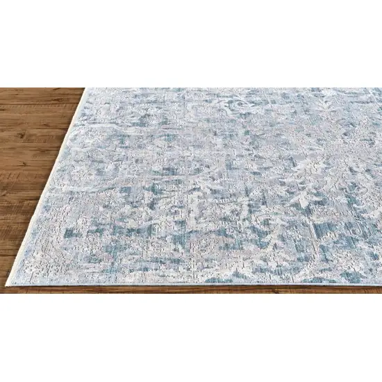 8' Blue Gray And Silver Abstract Distressed Runner Rug With Fringe Photo 1