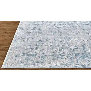 Photo of 8' Blue Gray And Silver Abstract Distressed Runner Rug With Fringe