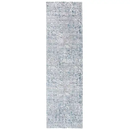 8' Blue and Gray Abstract Distressed Runner Rug Photo 2