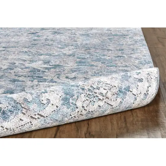 8' Blue Gray And Silver Abstract Distressed Runner Rug With Fringe Photo 3