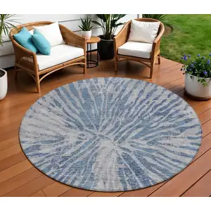 Photo of 8' Blue Gray And Silver Round Abstract Washable Indoor Outdoor Area Rug