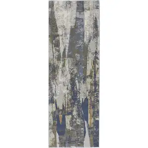 Photo of 8' Blue Gray And Tan Abstract Power Loom Distressed Runner Rug