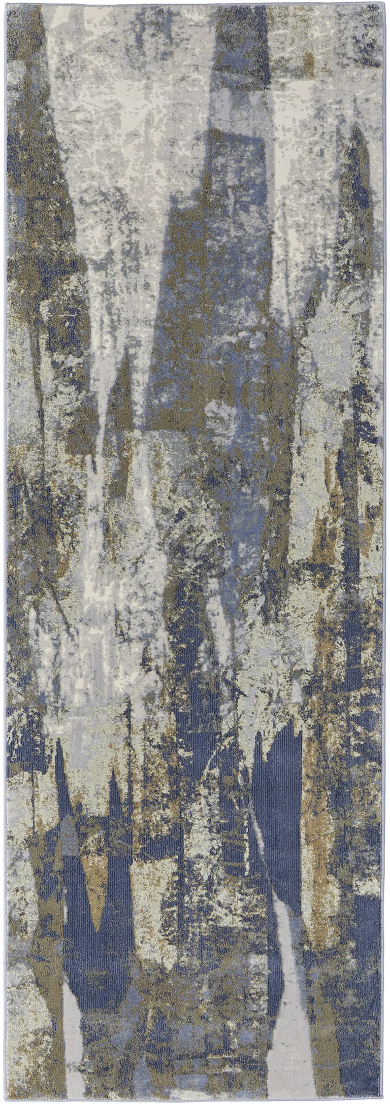 8' Blue Gray And Tan Abstract Power Loom Distressed Runner Rug Photo 1