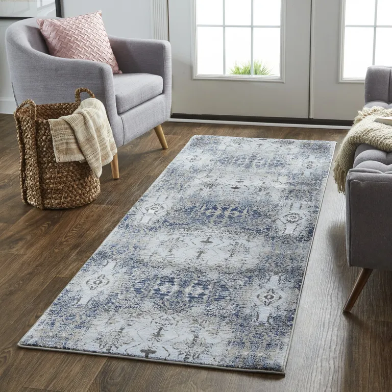 8' Blue Gray And Taupe Abstract Stain Resistant Runner Rug Photo 3