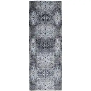 Photo of 8' Blue Gray And Taupe Abstract Stain Resistant Runner Rug