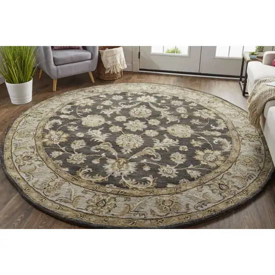 8' Blue Gray And Taupe Round Wool Floral Tufted Handmade Stain Resistant Area Rug Photo 4