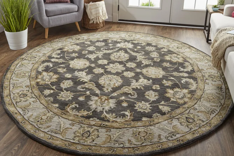 8' Blue Gray And Taupe Round Wool Floral Tufted Handmade Stain Resistant Area Rug Photo 4