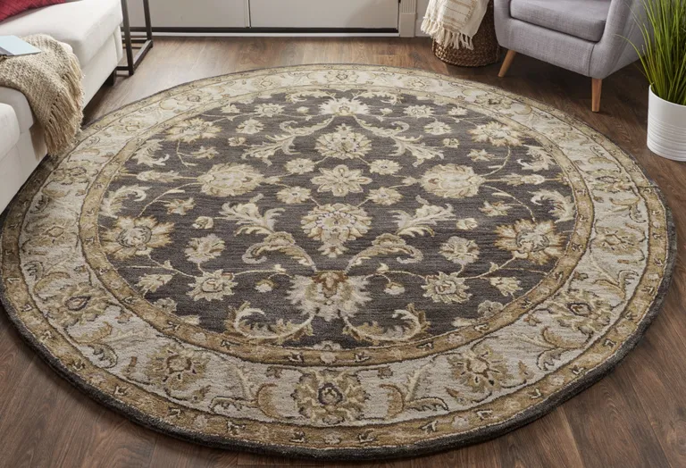 8' Blue Gray And Taupe Round Wool Floral Tufted Handmade Stain Resistant Area Rug Photo 3