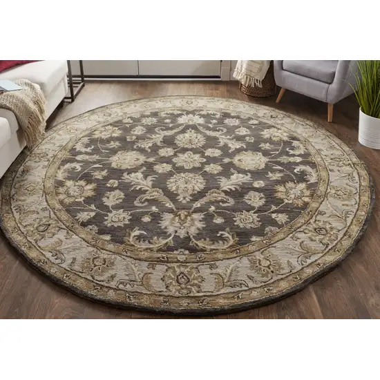 8' Blue Gray And Taupe Round Wool Floral Tufted Handmade Stain Resistant Area Rug Photo 3