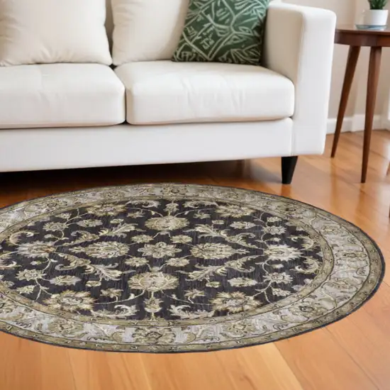 8' Blue Gray And Taupe Round Wool Floral Tufted Handmade Stain Resistant Area Rug Photo 1