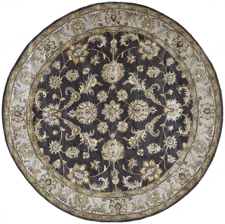 8' Blue Gray And Taupe Round Wool Floral Tufted Handmade Stain Resistant Area Rug Photo 1