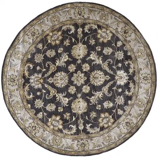 8' Blue Gray And Taupe Round Wool Floral Tufted Handmade Stain Resistant Area Rug Photo 1