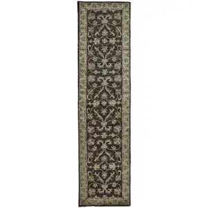 Photo of 10' Blue Gray And Taupe Wool Floral Tufted Handmade Stain Resistant Runner Rug