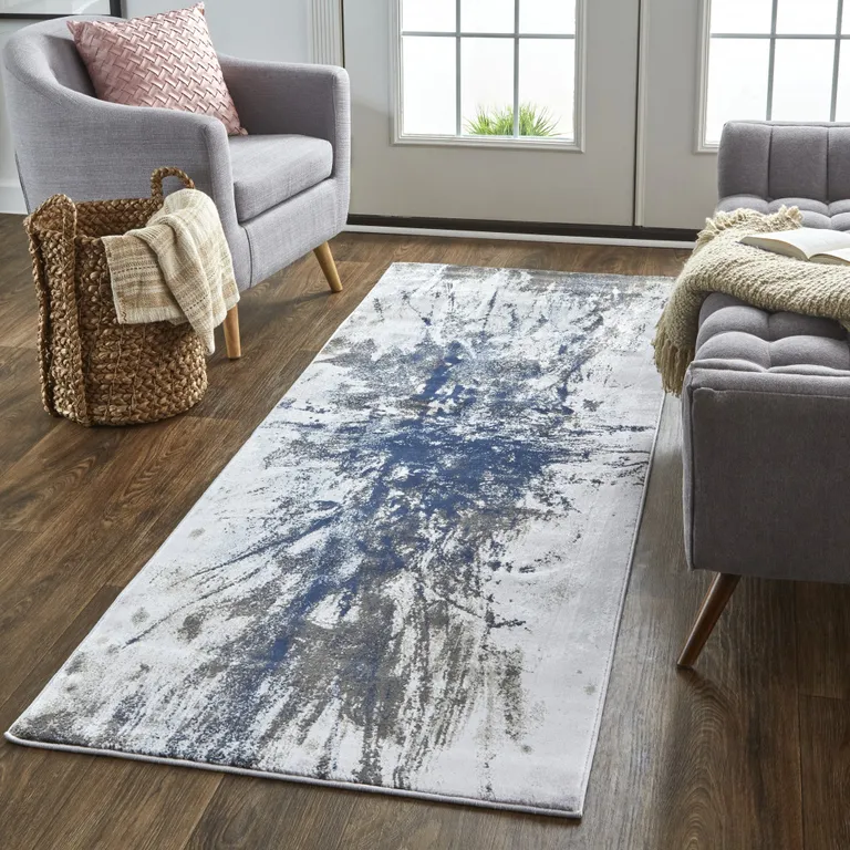 8' Blue Gray And White Abstract Stain Resistant Runner Rug Photo 5