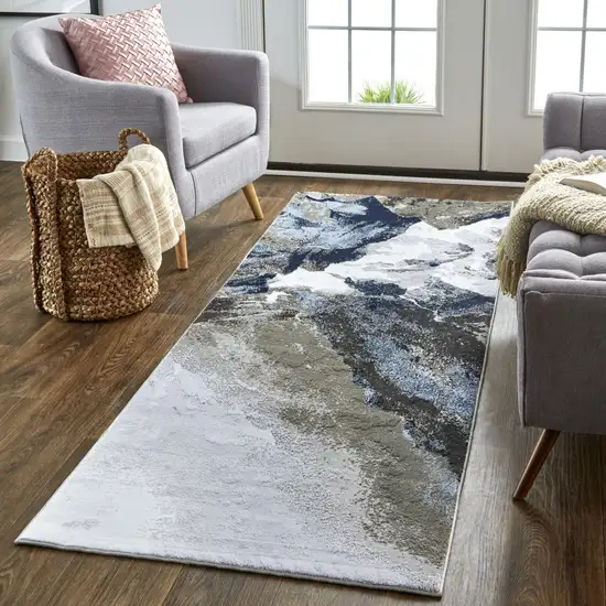 8' Blue Gray And White Abstract Stain Resistant Runner Rug Photo 3