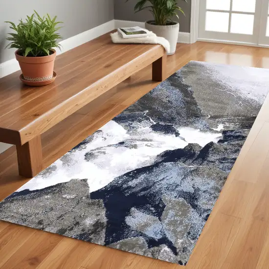 8' Blue Gray And White Abstract Stain Resistant Runner Rug Photo 1