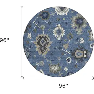 Photo of 8' Blue Gray And White Round Floral Washable Indoor Outdoor Area Rug