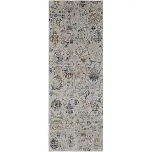 Photo of 8' Blue Gray and Brown Floral Power Loom Worn Faded Runner Rug With Fringe