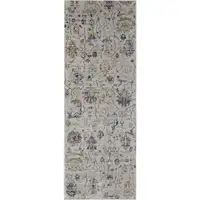 Photo of 8' Blue Gray and Brown Floral Power Loom Worn Faded Runner Rug With Fringe