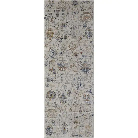 8' Blue Gray and Brown Floral Power Loom Worn Faded Runner Rug With Fringe Photo 2