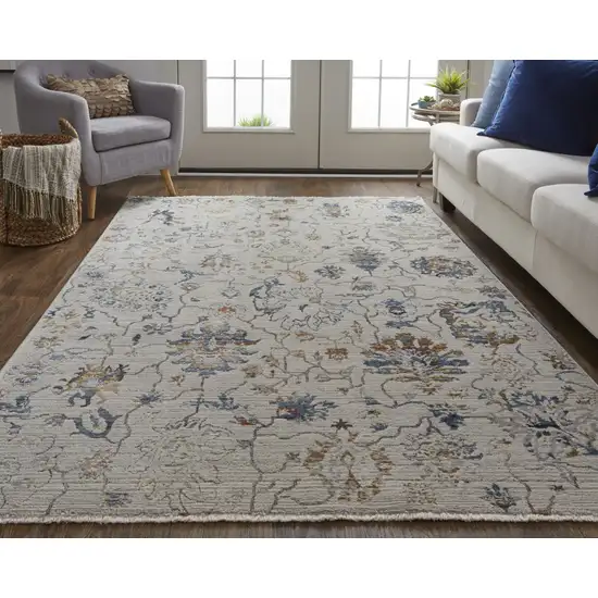 8' Blue Gray and Brown Floral Power Loom Worn Faded Runner Rug With Fringe Photo 5