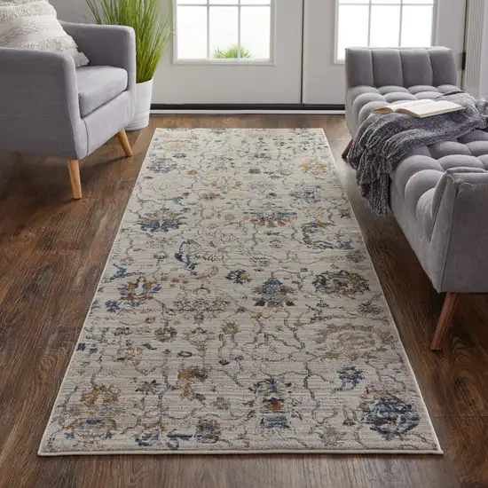 8' Blue Gray and Brown Floral Power Loom Worn Faded Runner Rug With Fringe Photo 6