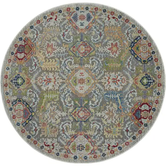 6' Blue Gray and Green Floral Distressed Non Skid Round Rug Photo 4