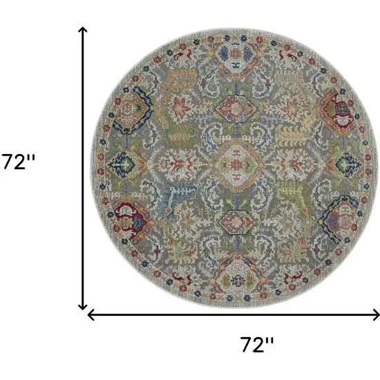 6' Blue Gray and Green Floral Distressed Non Skid Round Rug Photo 3