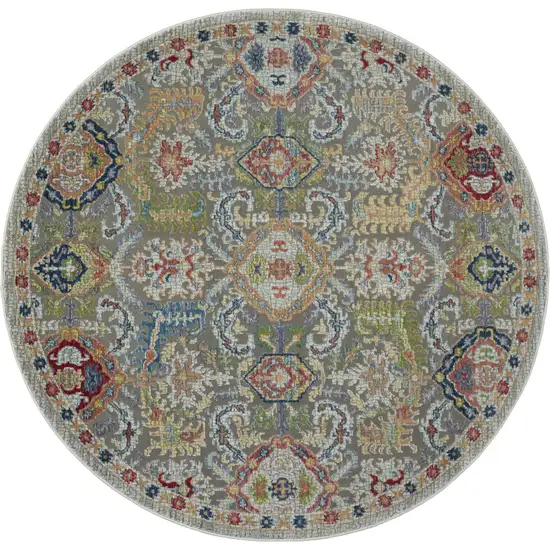 6' Blue Gray and Green Floral Distressed Non Skid Round Rug Photo 2