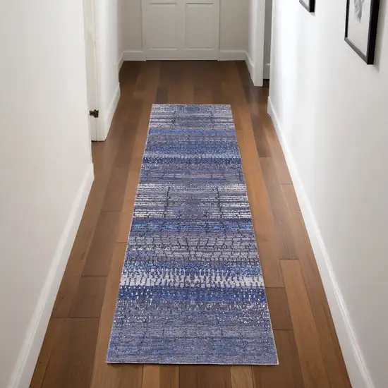 8' Blue Gray and Tan Striped Power Loom Worn Faded Washable Runner Rug Photo 1