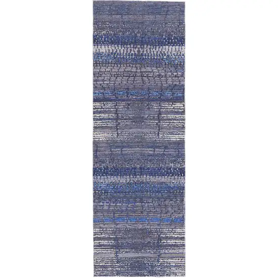 8' Blue Gray and Tan Striped Power Loom Worn Faded Washable Runner Rug Photo 2