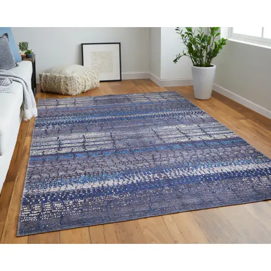 8' Blue Gray and Tan Striped Power Loom Worn Faded Washable Runner Rug Photo 5