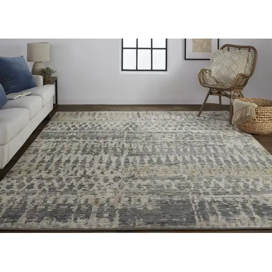 8' Blue Gray and Tan Wool Abstract Hand Knotted Runner Rug Photo 5