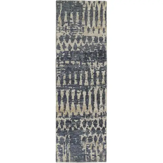 8' Blue Gray and Tan Wool Abstract Hand Knotted Runner Rug Photo 2