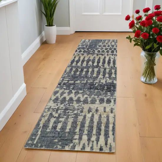 8' Blue Gray and Tan Wool Abstract Hand Knotted Runner Rug Photo 1