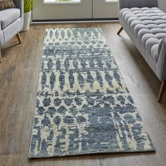 8' Blue Gray and Tan Wool Abstract Hand Knotted Runner Rug Photo 6