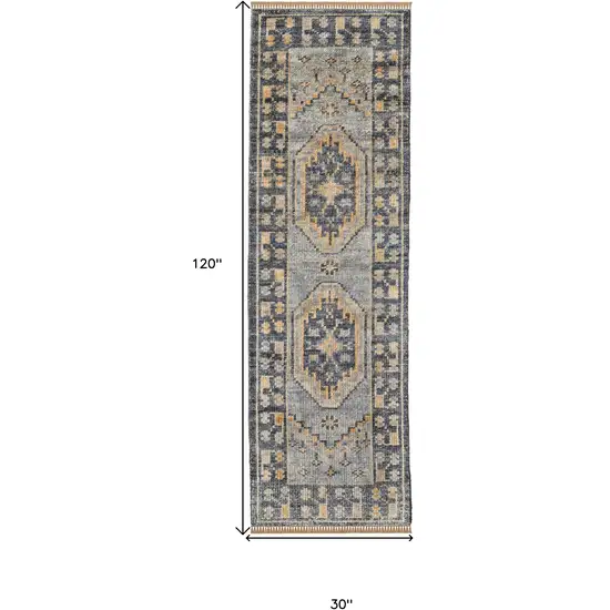 10' Blue Gray and Tan Wool Oriental Hand Knotted Runner Rug With Fringe Photo 3