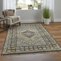 Photo of 10' Blue Gray and Tan Wool Oriental Hand Knotted Runner Rug With Fringe