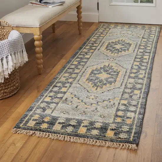 10' Blue Gray and Tan Wool Oriental Hand Knotted Runner Rug With Fringe Photo 6