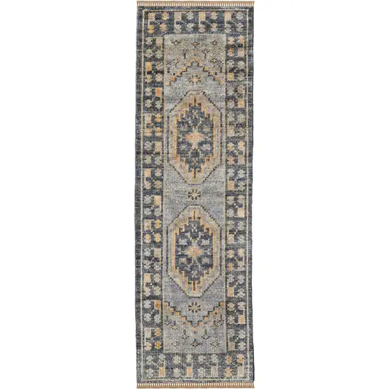 10' Blue Gray and Tan Wool Oriental Hand Knotted Runner Rug With Fringe Photo 2