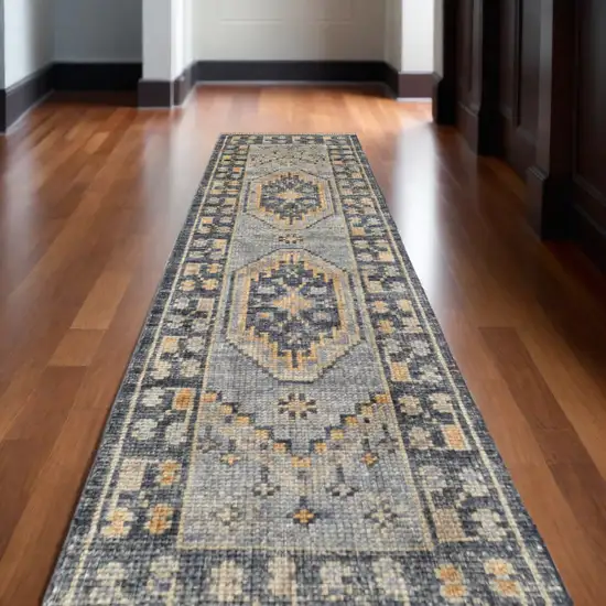 14' Blue Gray and Tan Wool Oriental Hand Knotted Runner Rug With Fringe Photo 1