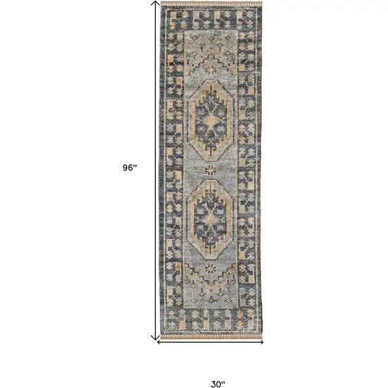 8' Blue Gray and Tan Wool Oriental Hand Knotted Runner Rug With Fringe Photo 3