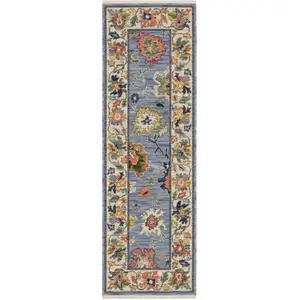 Photo of 6' Blue Green And Ivory Oriental Runner Rug With Fringe