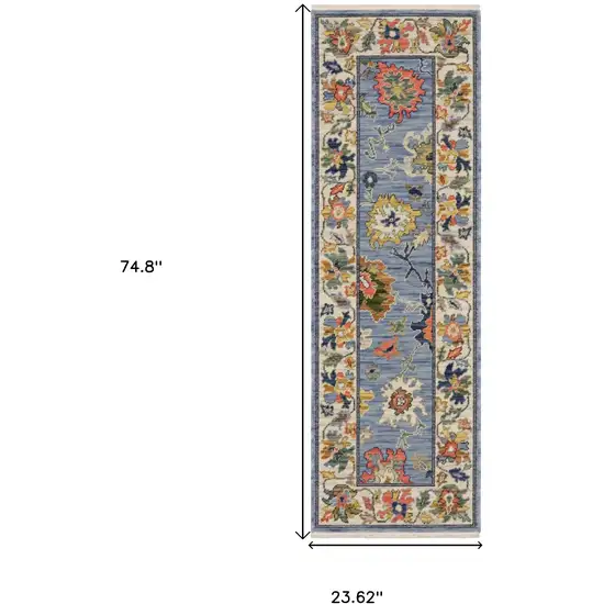 6' Blue Green And Ivory Oriental Runner Rug With Fringe Photo 3