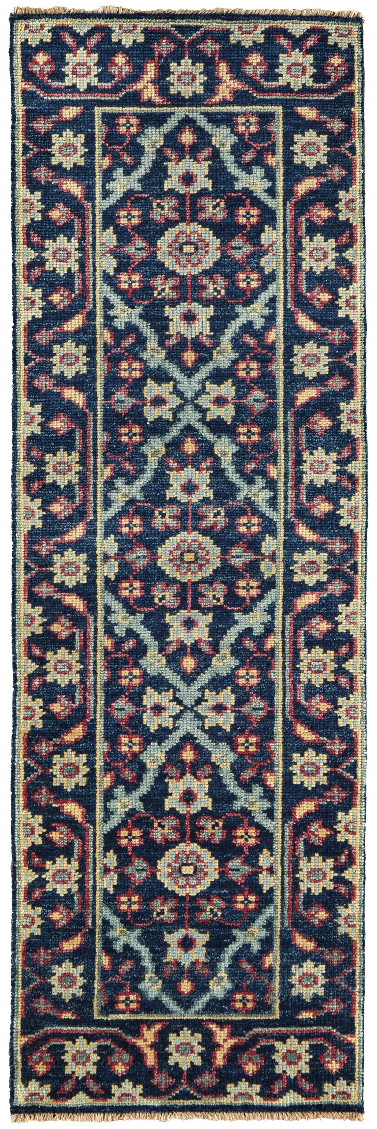 8' Blue Green And Red Wool Floral Hand Knotted Distressed Stain Resistant Runner Rug With Fringe Photo 1