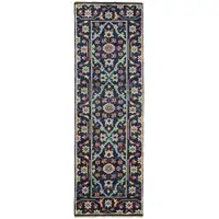 Photo of 8' Blue Green And Red Wool Floral Hand Knotted Distressed Stain Resistant Runner Rug With Fringe