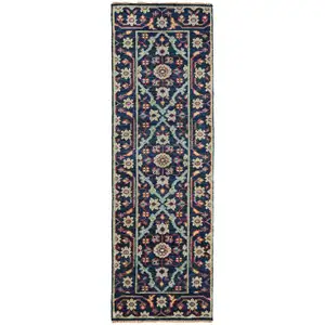 Photo of 8' Blue Green And Red Wool Floral Hand Knotted Distressed Stain Resistant Runner Rug With Fringe