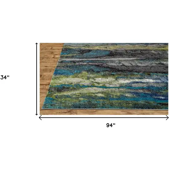 8' Blue Green And Taupe Stain Resistant Runner Rug Photo 6